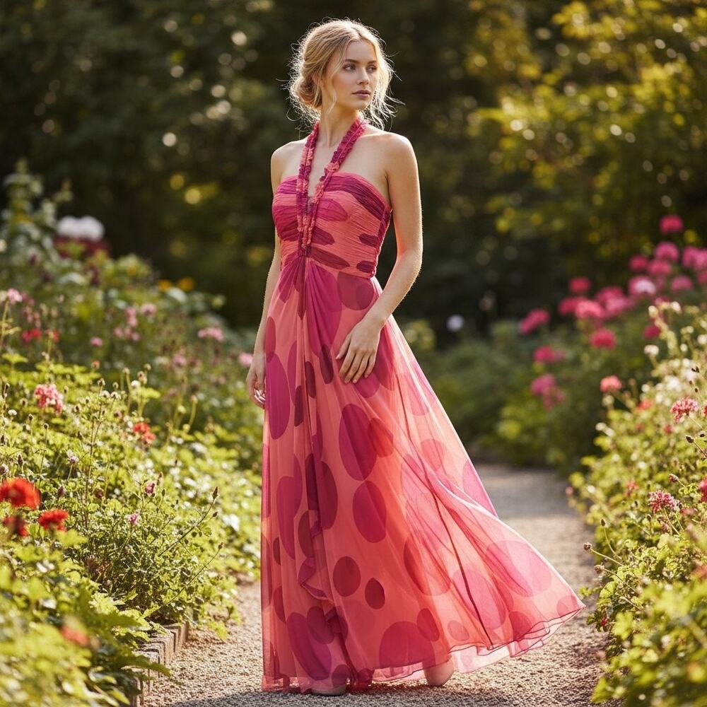 Melinda ENG Maxi Halter Dress Sz 6 Polka Dot Ruched Silk Lined Flowy